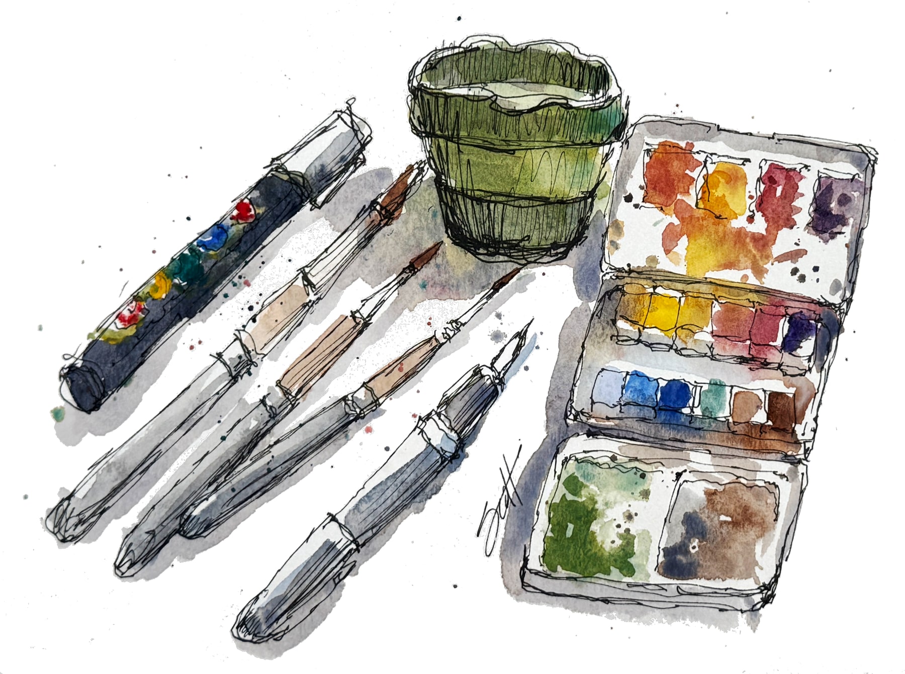 Pen-and-watercolor sketch of Scott Brown’s travel brushes, fountain pen, water cup, and twelve-color palette